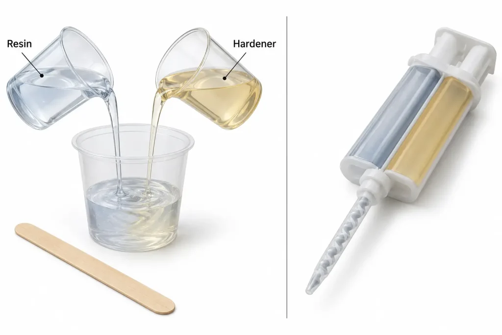 Resin hardener measured mixing versus single cartridge heat cure schematic