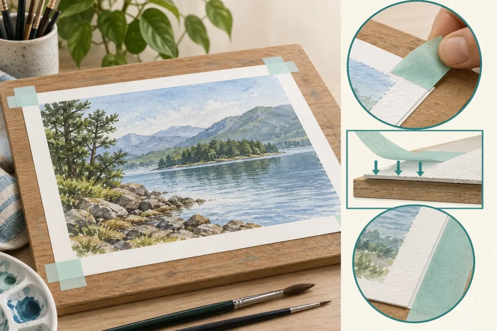 Artist low tack tape securing drawing paper edge without covering artwork