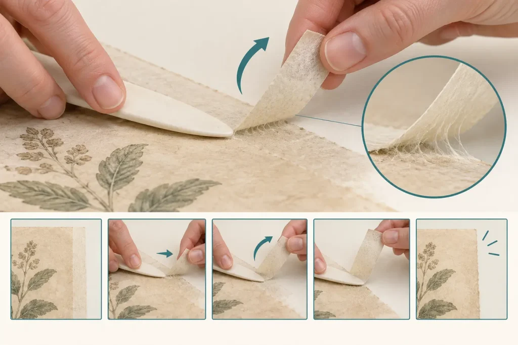 Peeling paper tape back slowly while supporting delicate paper fibers
