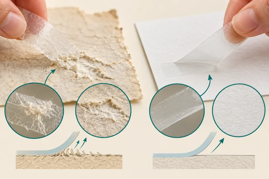 Test tape strip lifting fibers from fragile paper contrasted with clean removal from sturdy paper