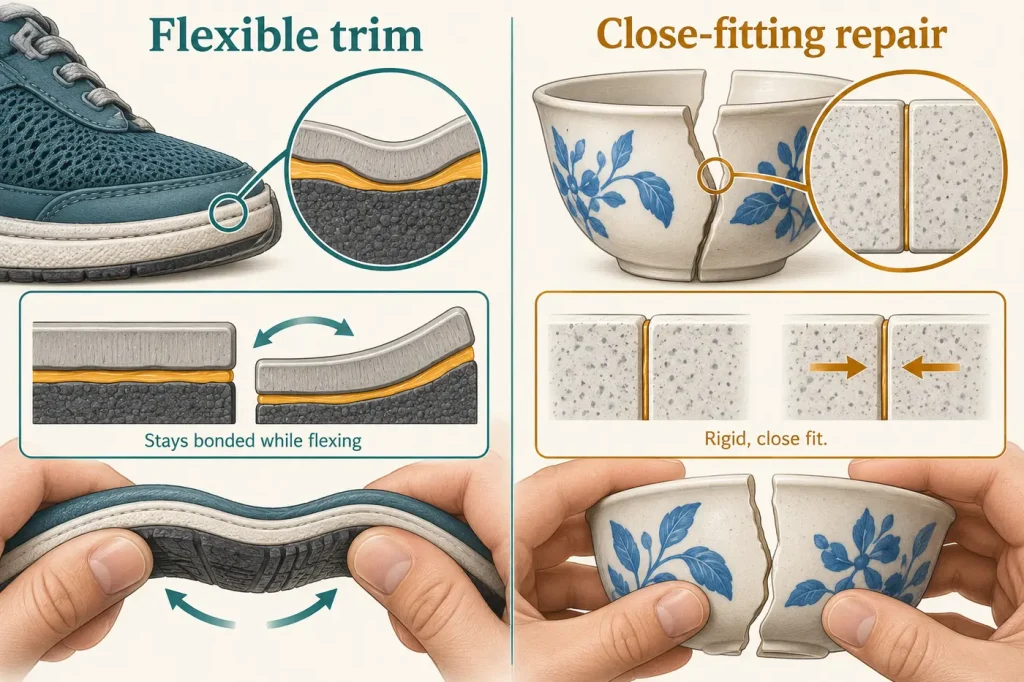 Flexible trim repair compared with close-fitting ceramic instant glue repair