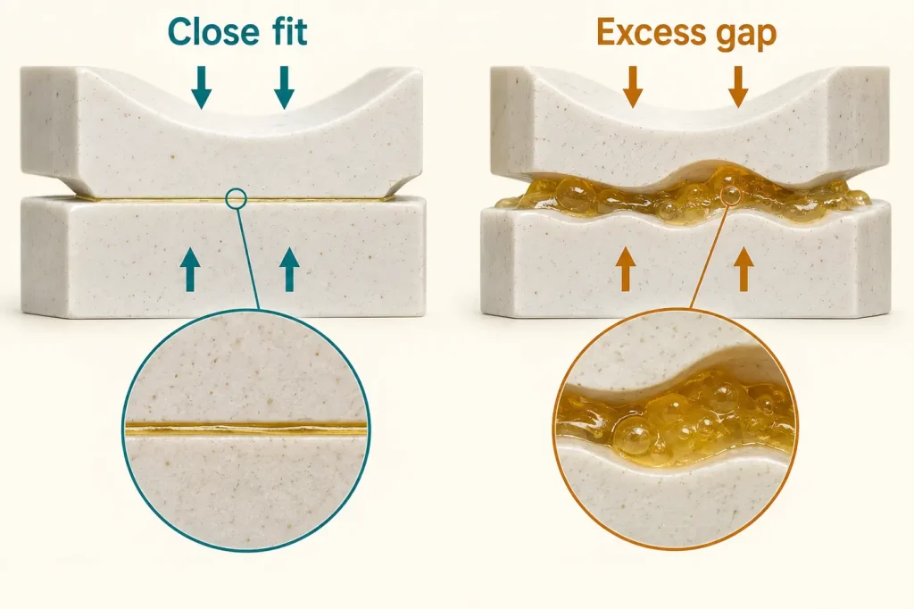 Thin closely fitted ceramic glue line versus uneven oversized glue gap