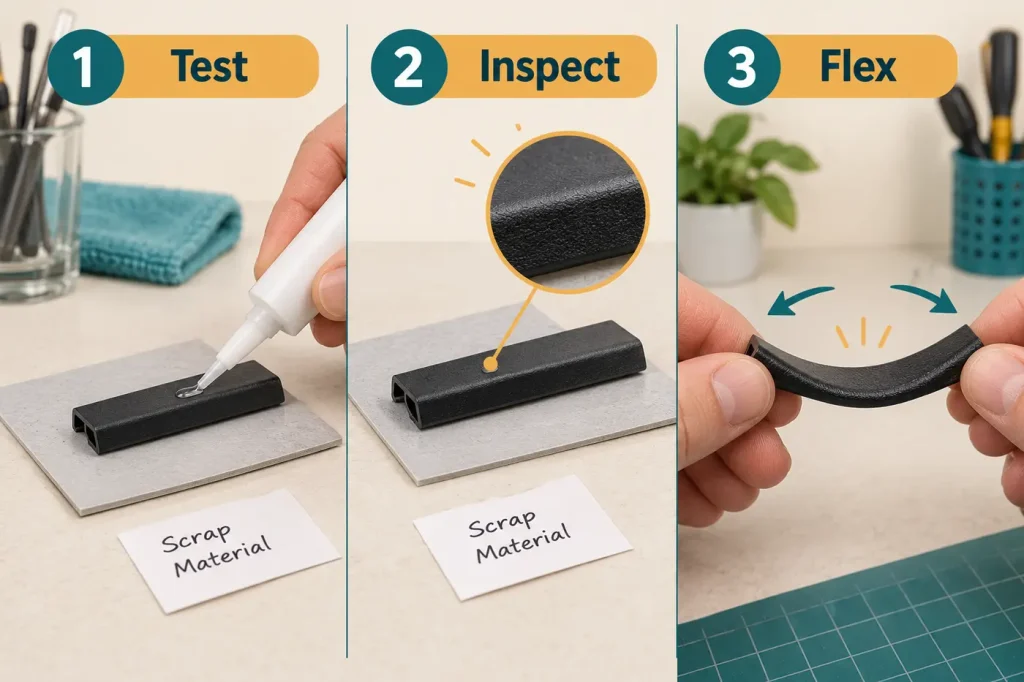 Testing adhesive on scrap plastic then inspecting and flexing a cured trim sample
