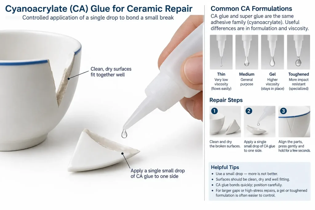 Controlled single drop CA application on small ceramic repair