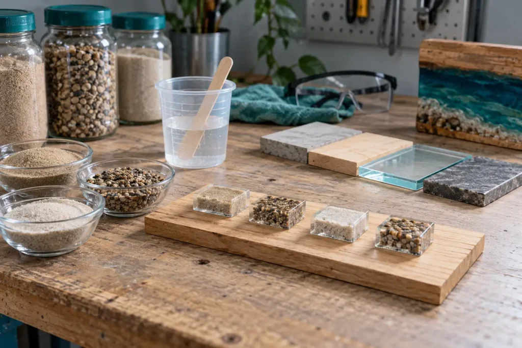 Dry sand, mixing tools and small epoxy embedding samples