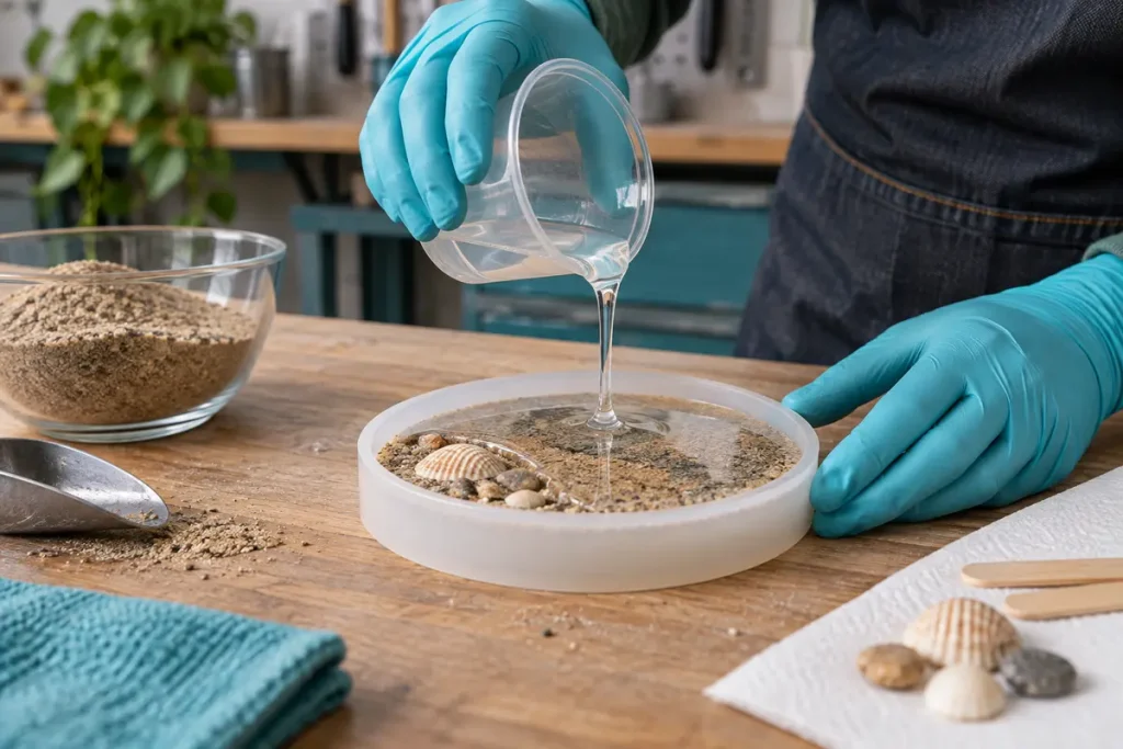 Gloved hands wetting dry sand with a small epoxy batch