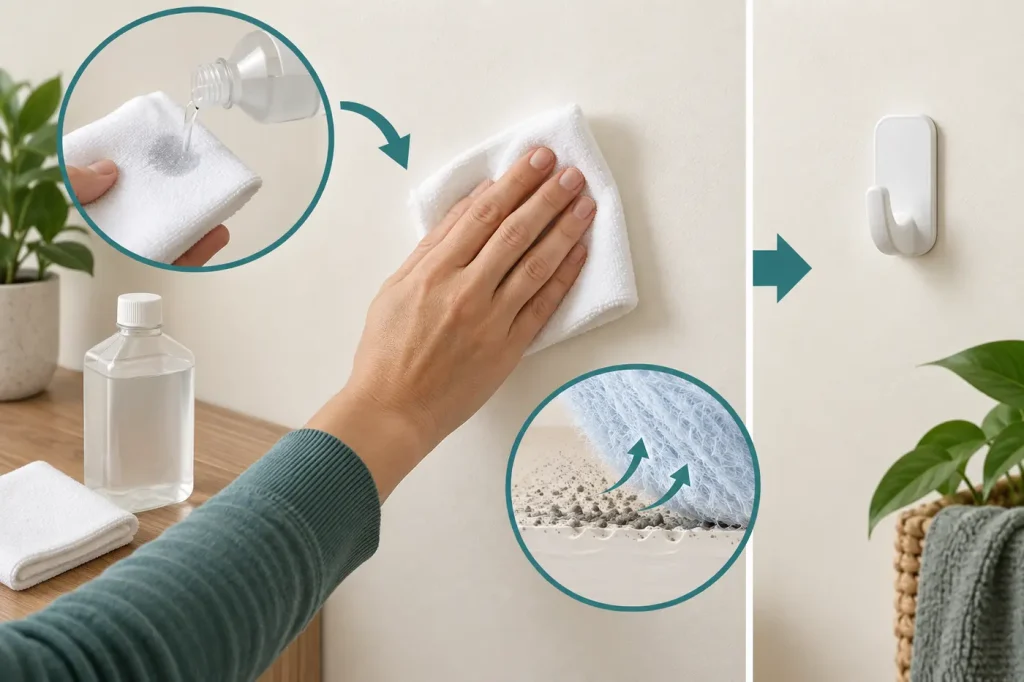 Wiping smooth painted wall with rubbing alcohol on cloth before mounting a hook