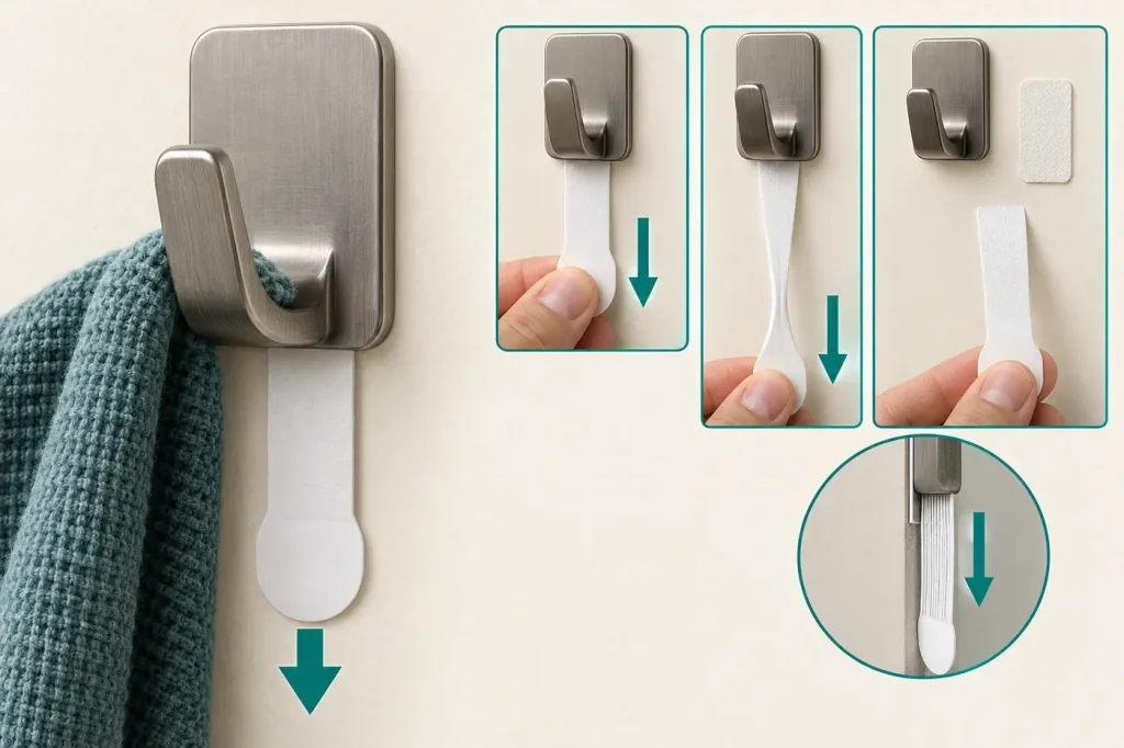 Command type pull tab stretching straight downward parallel to wall for removal
