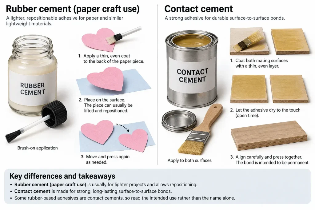 Paper craft rubber cement with repositionable paper pieces