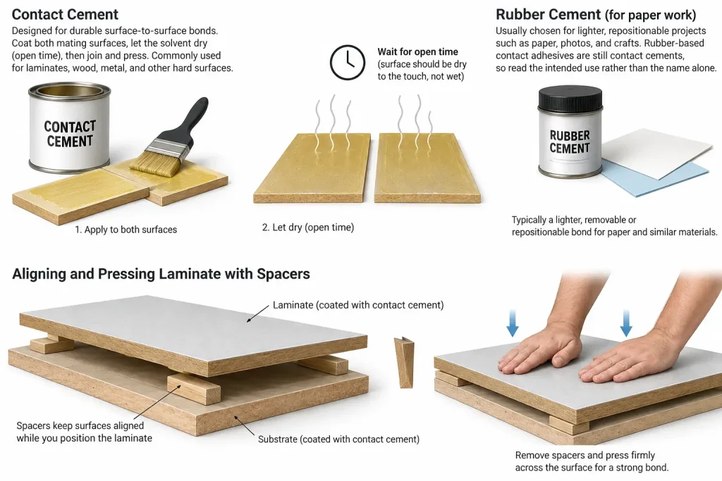Contact cement alignment using spacers before pressing laminate