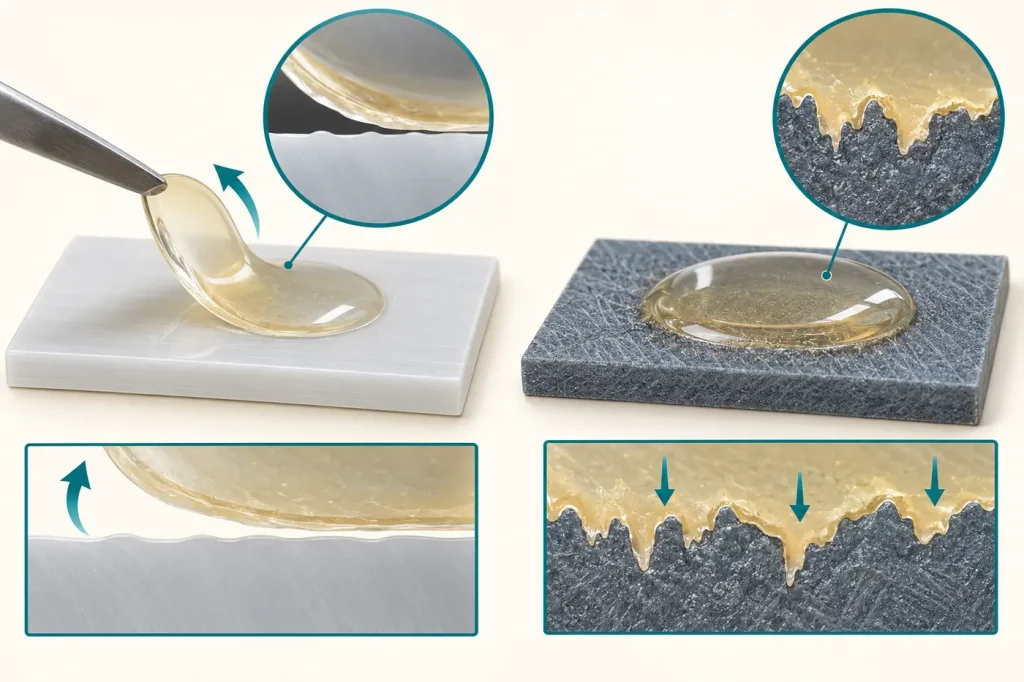 Epoxy drop cured on pp plastic coupon peeling versus bonded roughened suitable rigid plastic