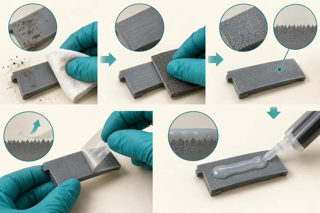 Cleaning roughening and adhesion testing a plastic offcut before epoxy application
