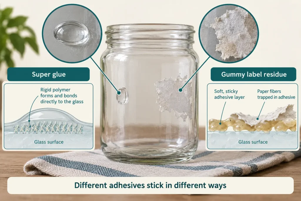 Rigid super glue spot on glass beside gummy label residue to distinguish adhesives