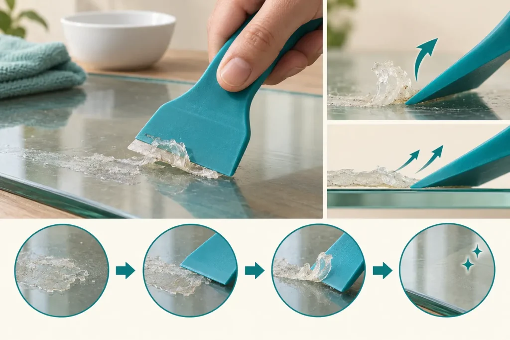Plastic scraper carefully lifting softened adhesive from glass without metal blade