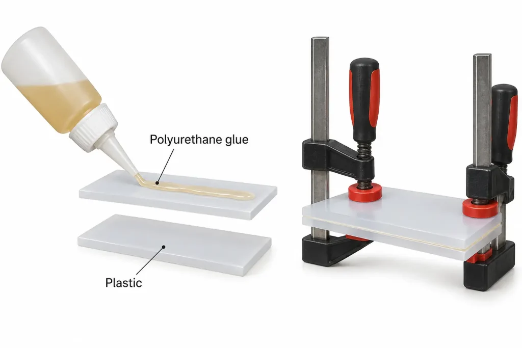 Thin polyurethane glue layer with controlled clamping on plastic sample