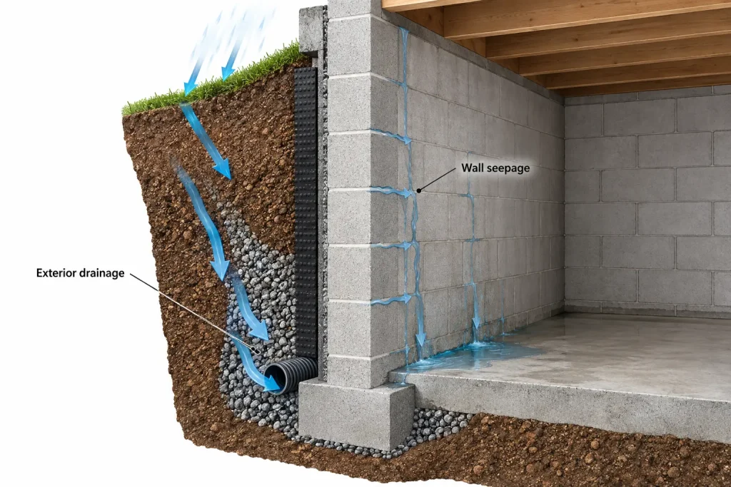 Basement masonry water paths exterior drainage and wall seepage diagram