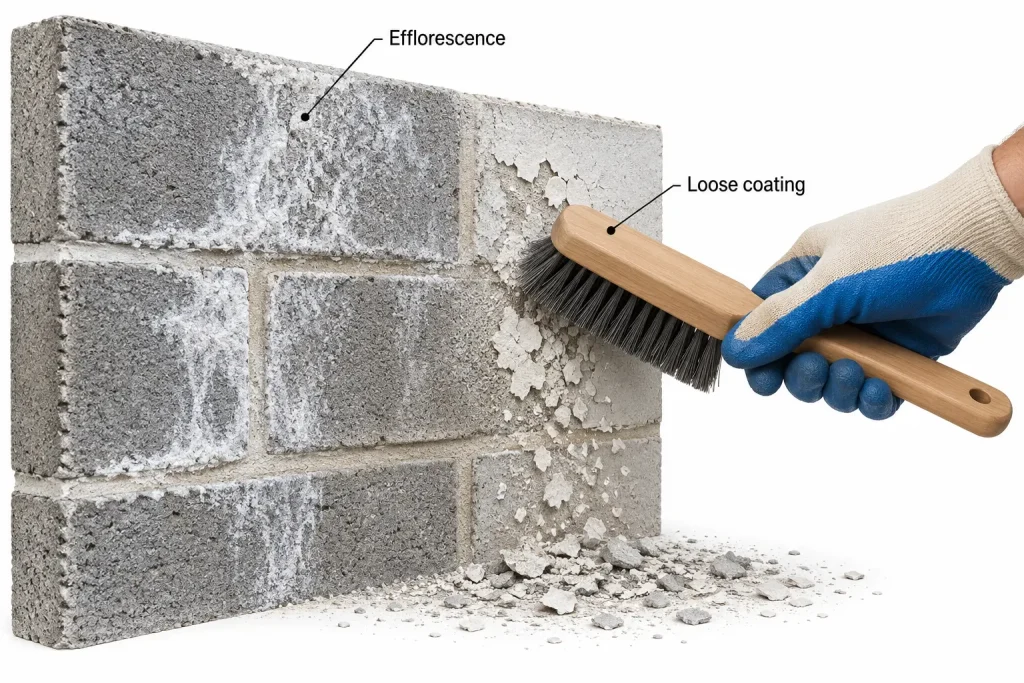 Brushing efflorescence and loose coating from masonry