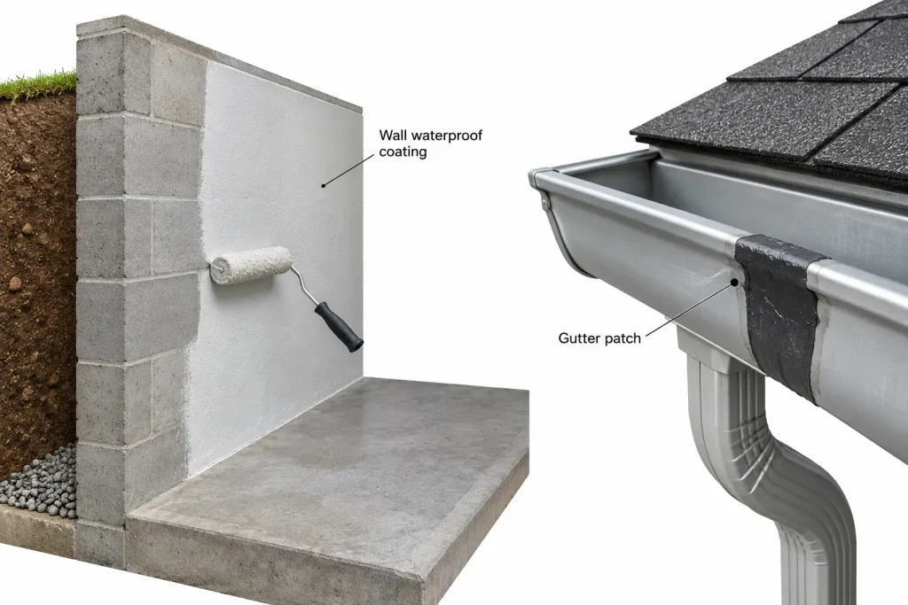 Wall waterproof coating contrasted with localized gutter patch