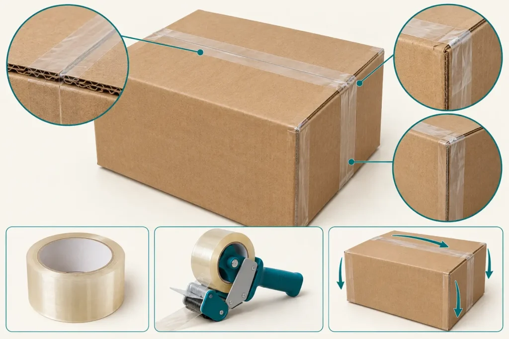 Corrugated shipping box sealed on main seam and side seams with clear packing tape
