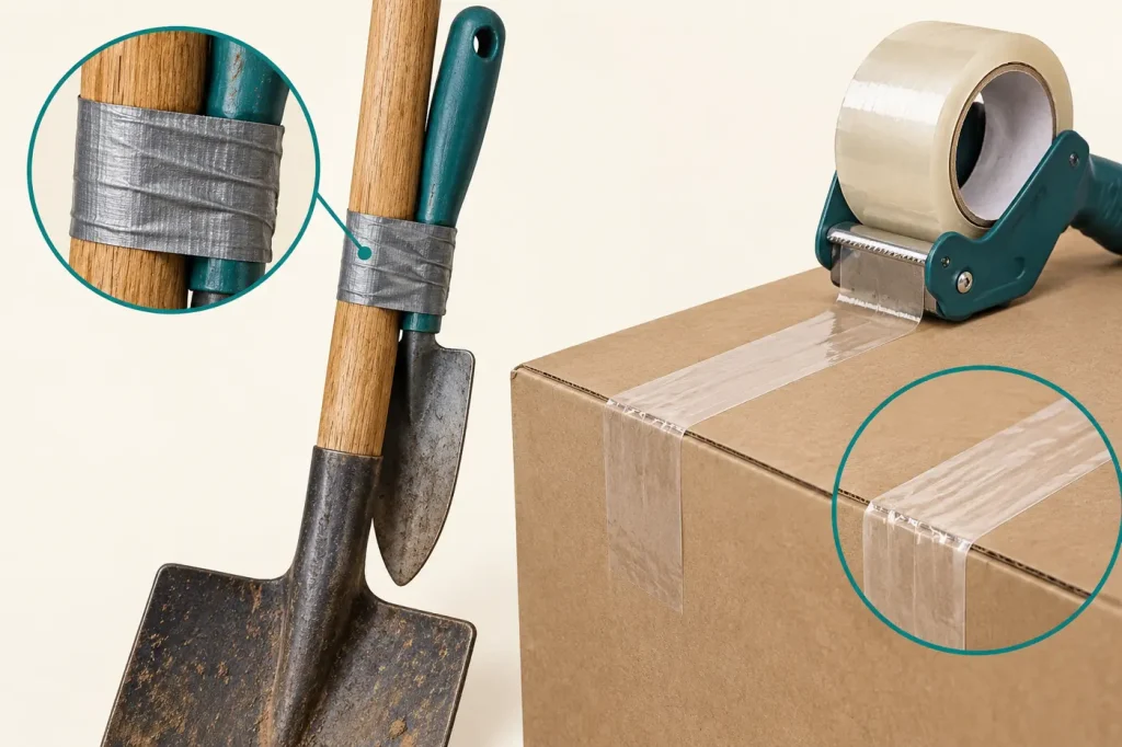 Cloth reinforced duct tape temporarily bundling a tool handle beside clear packing tape box seal