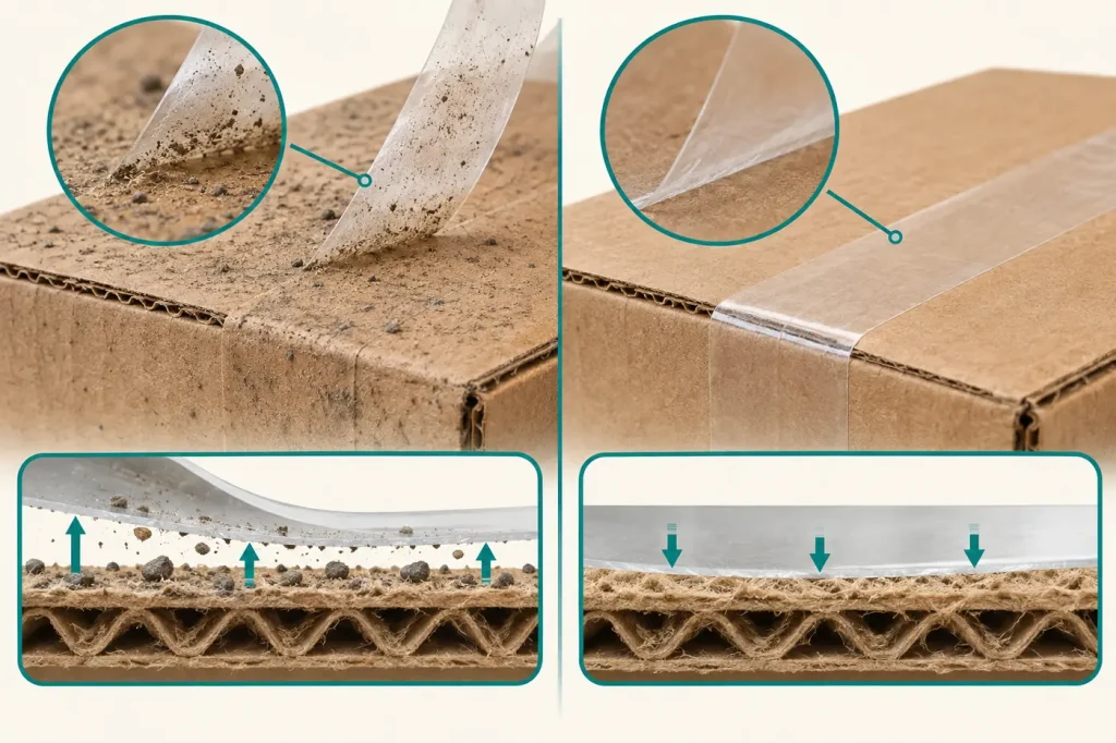 Dirty dusty cardboard giving weak tape adhesion versus clean dry cardboard