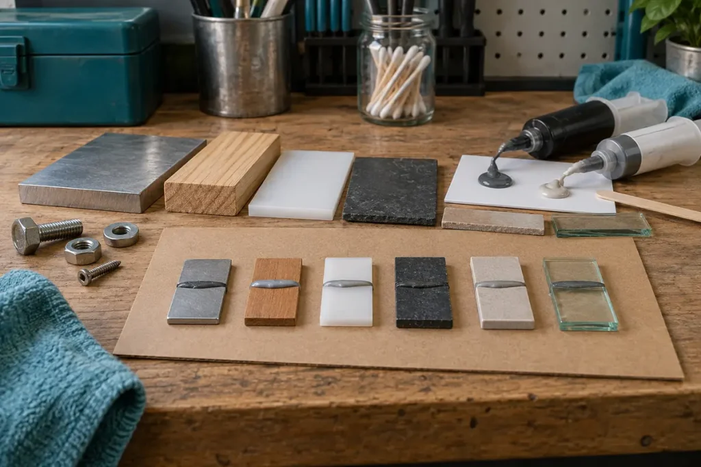 Material samples and adhesive equipment for comparing flexible and rigid bonds