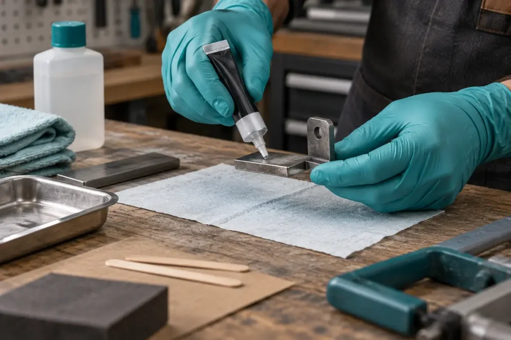 Adhesive placement on a prepared metal test specimen