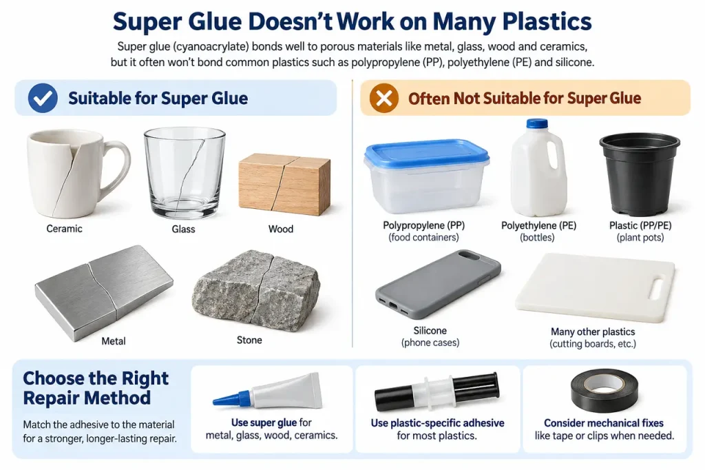 Super glue not working on plastic — material selection