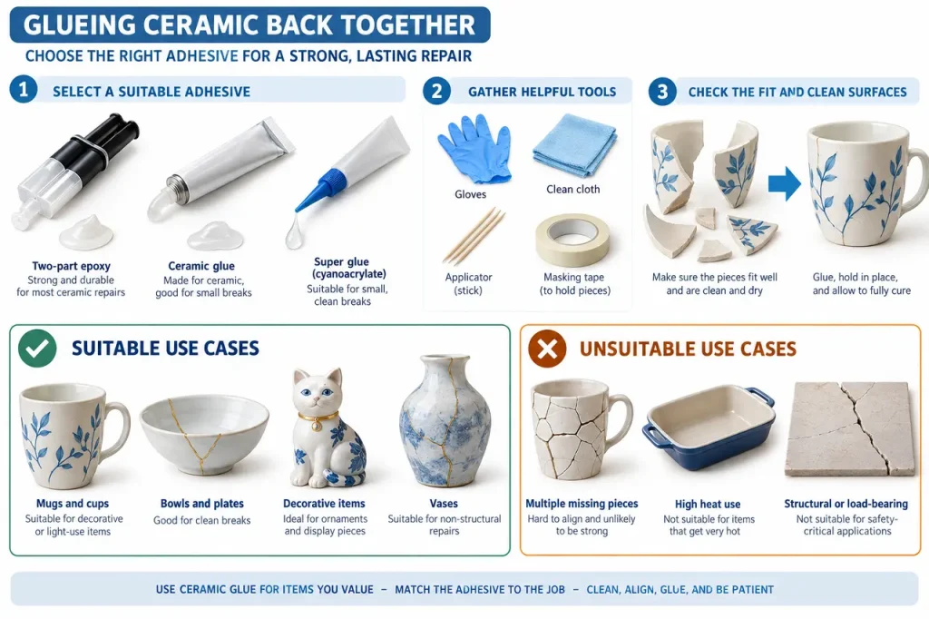How to glue ceramic back together — material selection