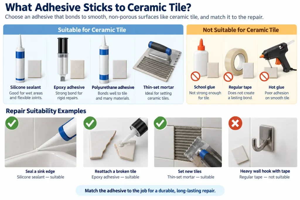 What adhesive sticks to ceramic tile — material selection