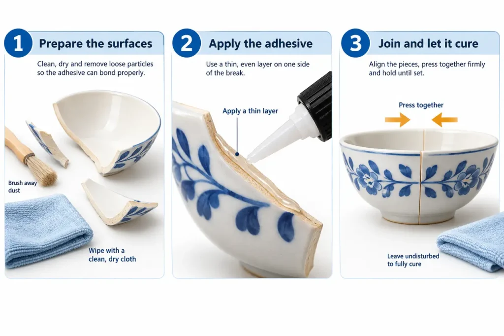How to glue ceramic back together — preparation and application