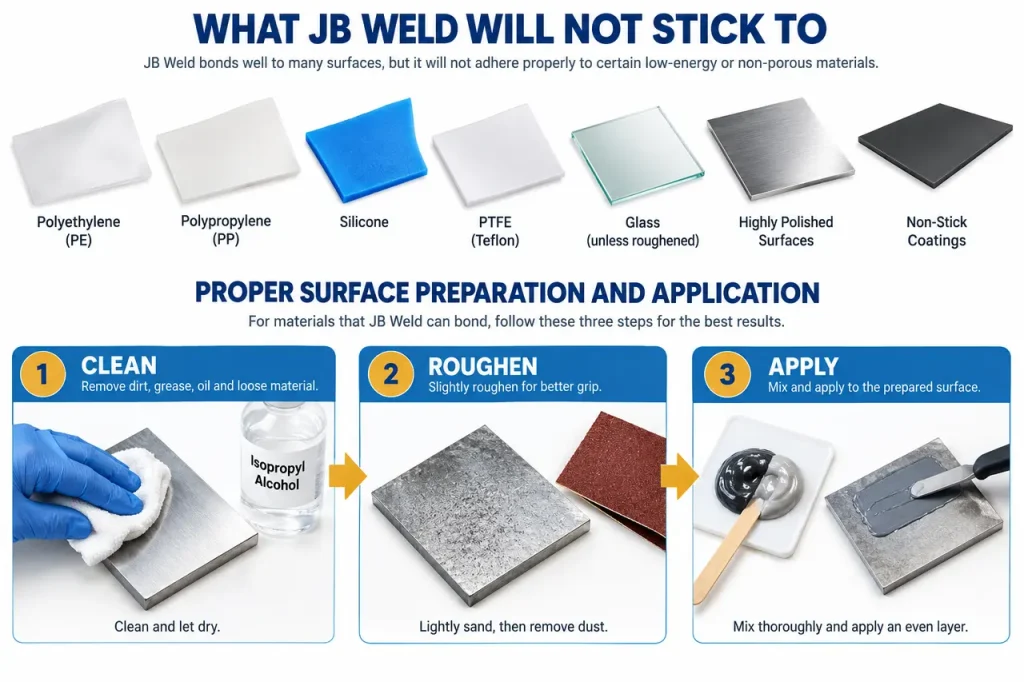 What will j-b weld not stick to — preparation and application