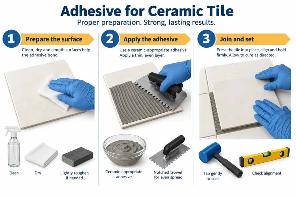 What adhesive sticks to ceramic tile — preparation and application