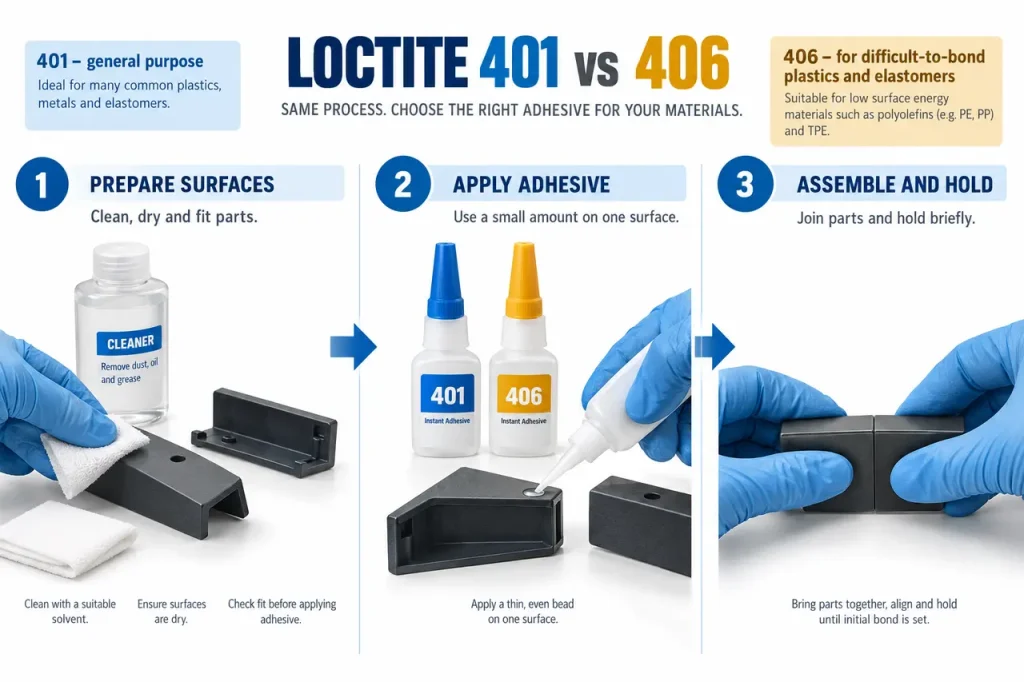 Loctite 401 vs 406 — preparation and application