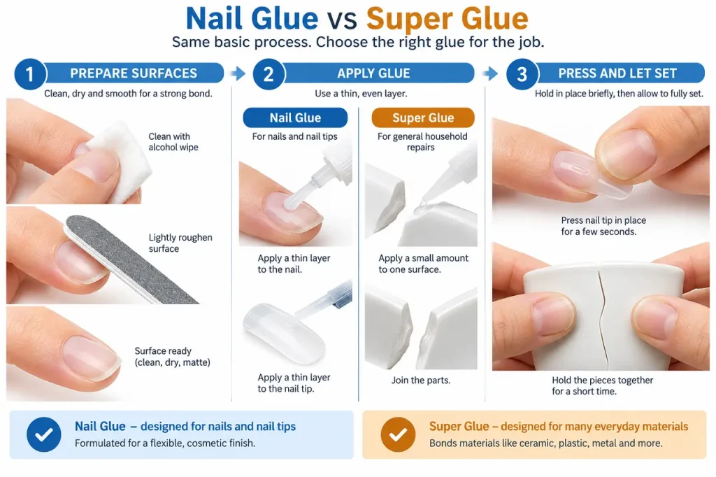 Nail glue vs super glue — preparation and application