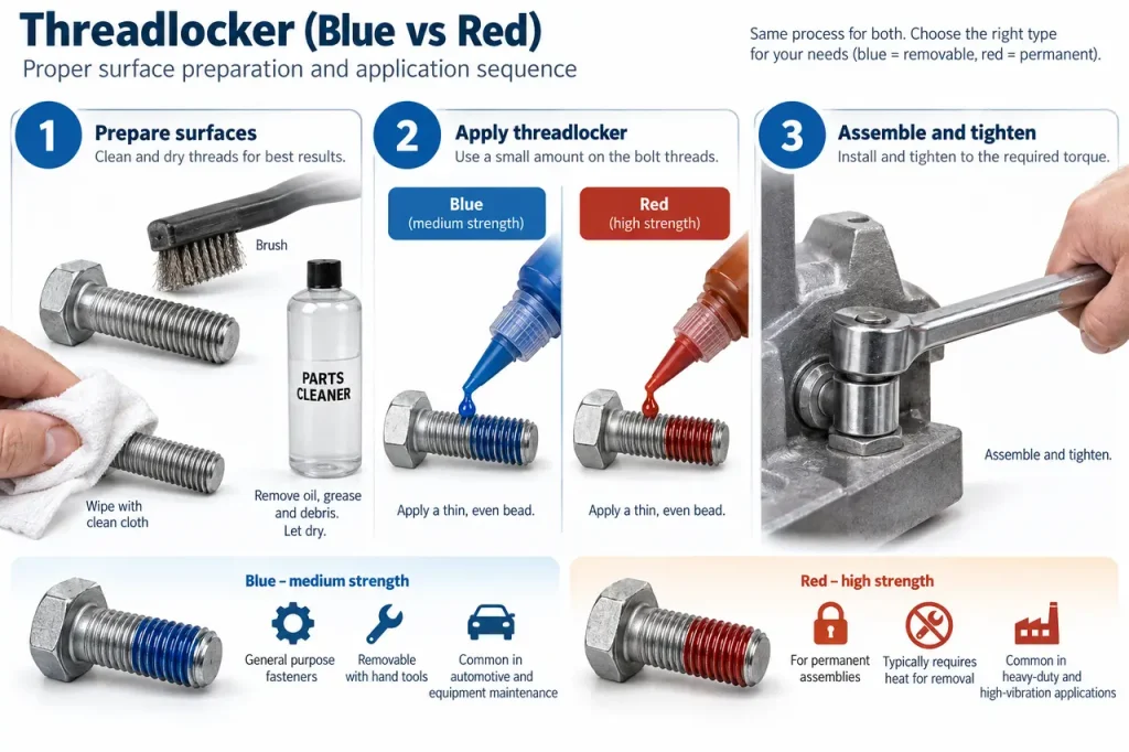 Loctite blue vs red — preparation and application