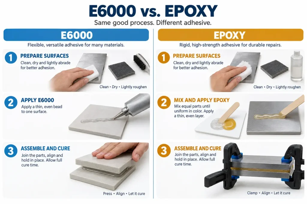 E6000 vs epoxy — preparation and application