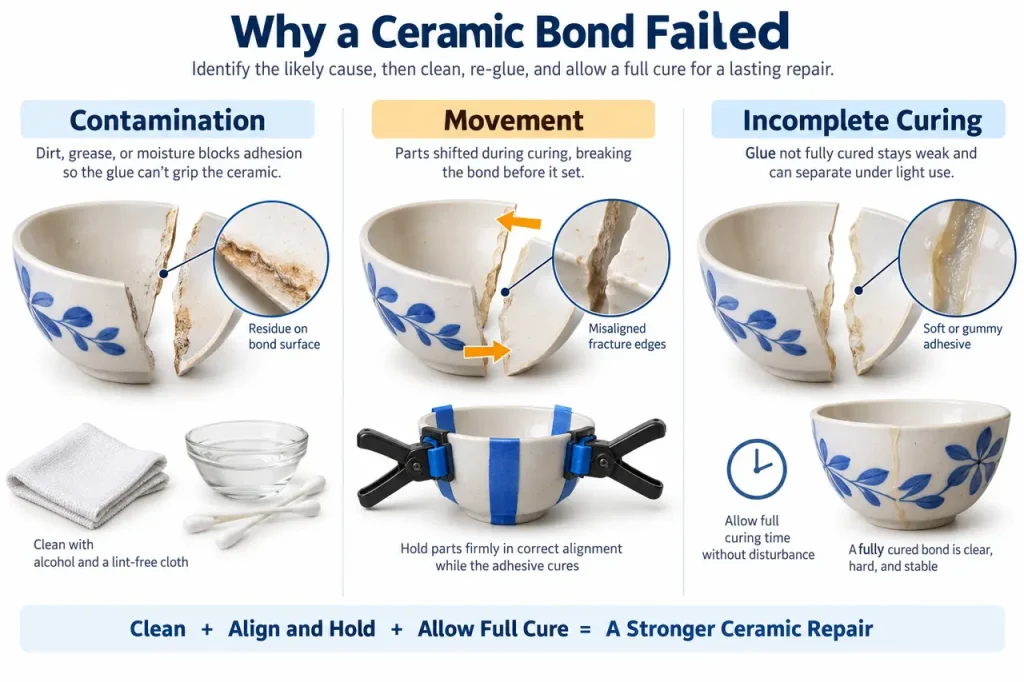 How to glue ceramic back together — common failure checks
