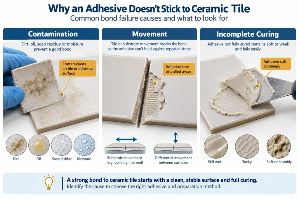 What adhesive sticks to ceramic tile — common failure checks