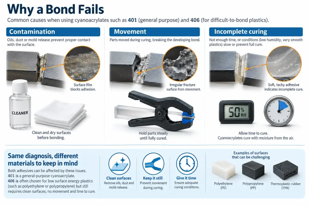 Loctite 401 vs 406 — common failure checks