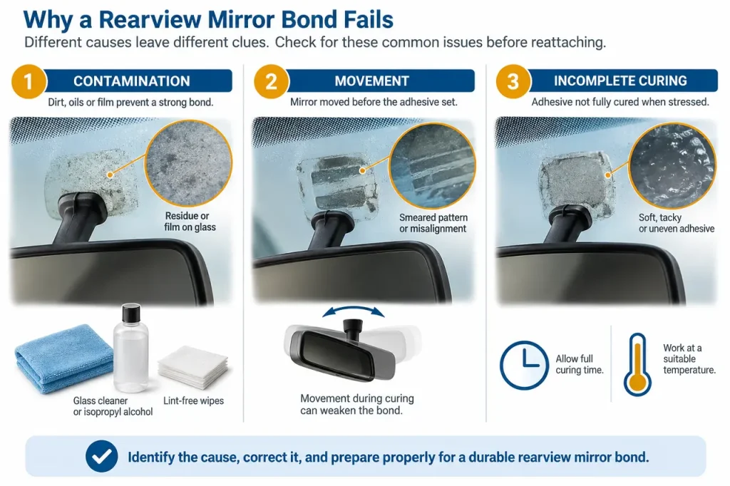 Glue for rearview mirror — common failure checks