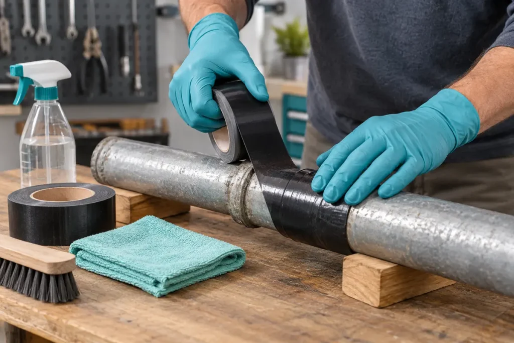 Applying tape to a nonpressurized workshop sample, not a rated pressure repair