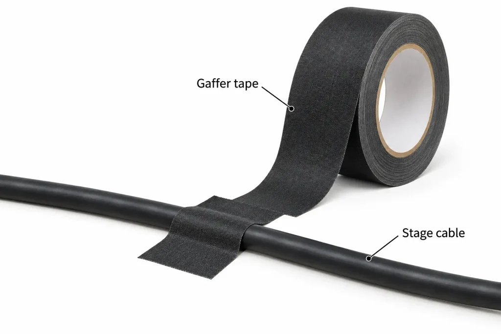 Gaffer tape securing intact stage cable to floor