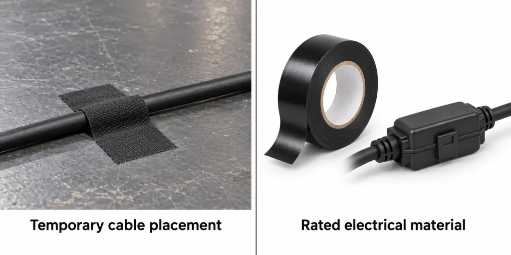 Gaffer tape securing an intact floor cable beside rated electrical tape and a closed connector housing