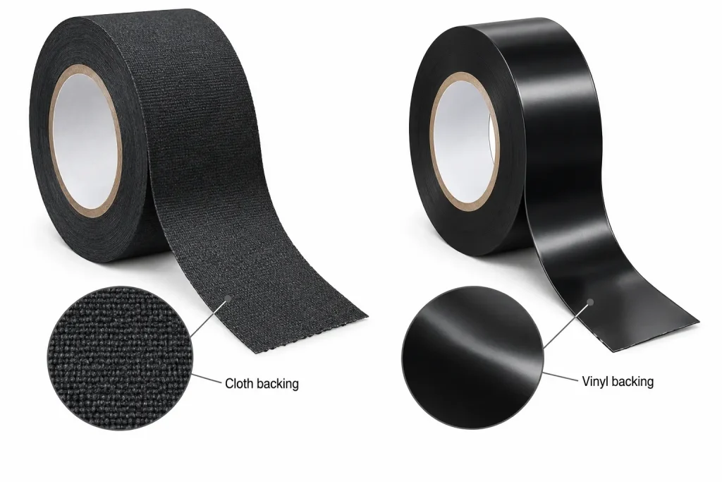 Cloth matte gaffer backing compared with flexible vinyl electrical tape