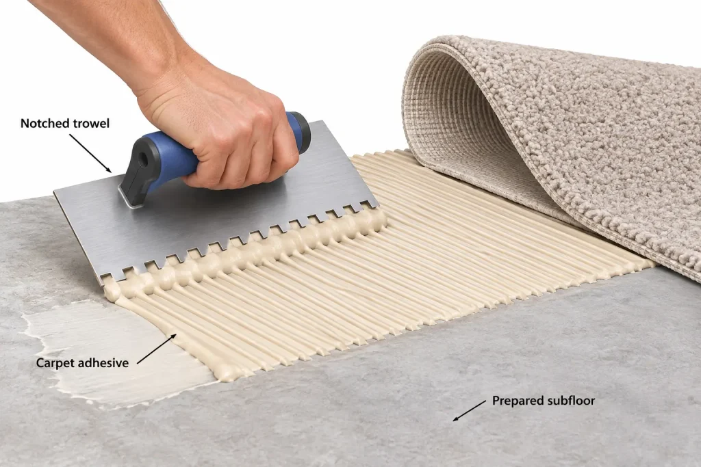 Notched trowel spreading carpet adhesive on prepared subfloor