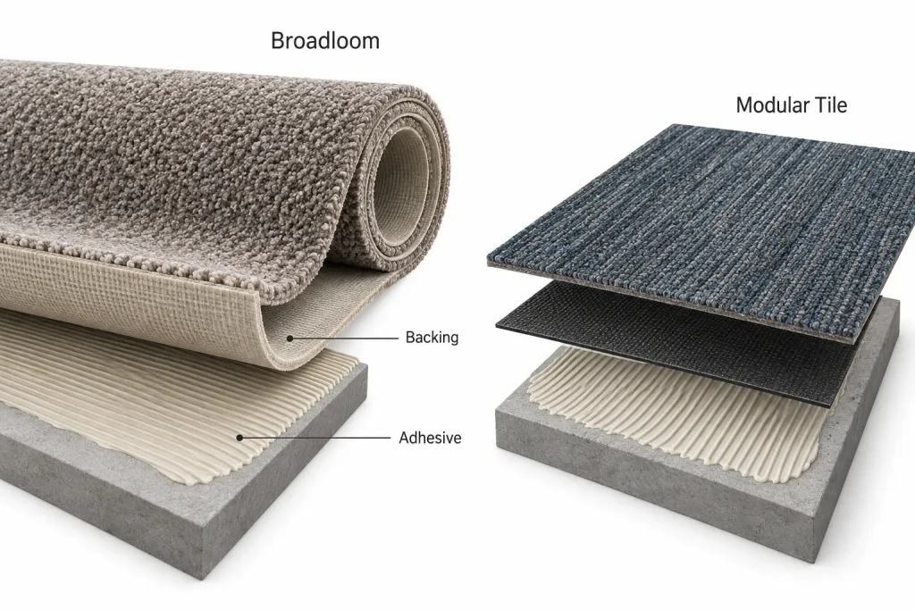 Carpet backing types broadloom and modular tile schematic