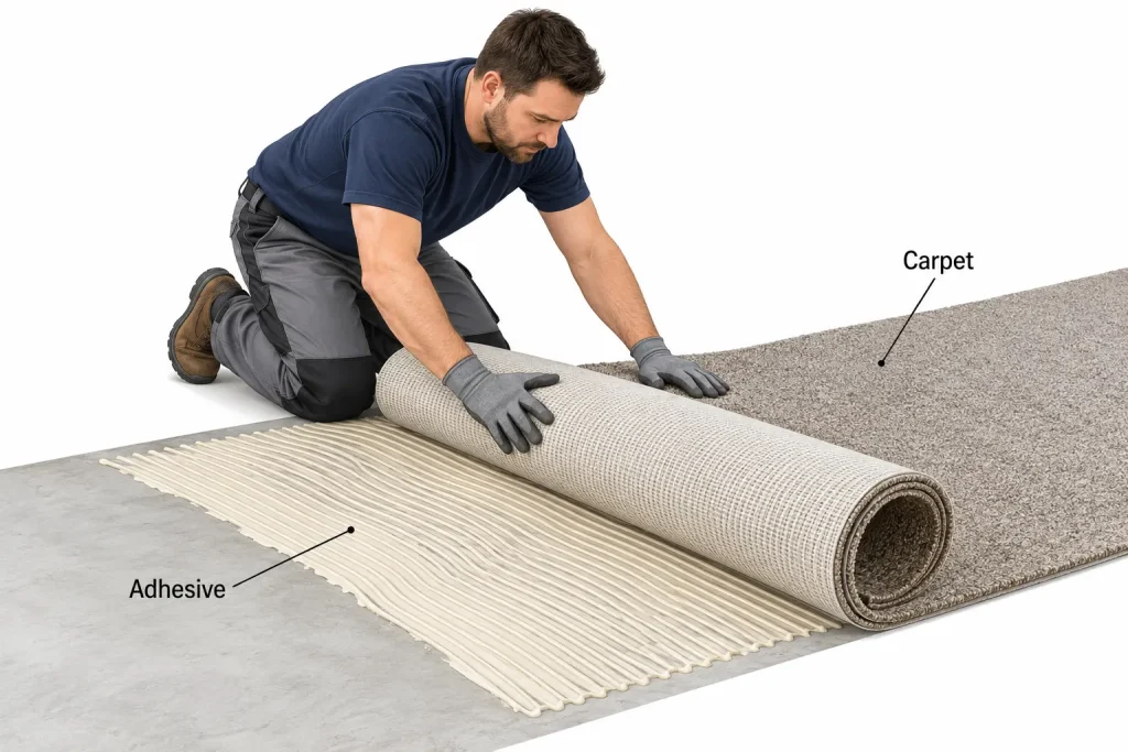 Installer positioning broadloom carpet over evenly spread carpet adhesive