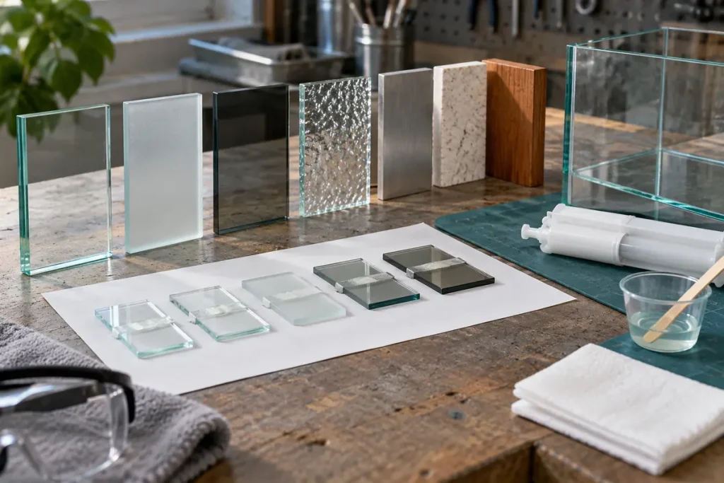 Glass samples prepared for an adhesive appearance test