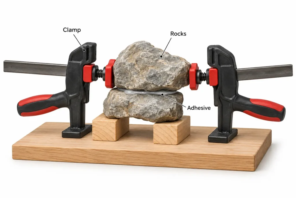 Small stone assembly supported during adhesive cure
